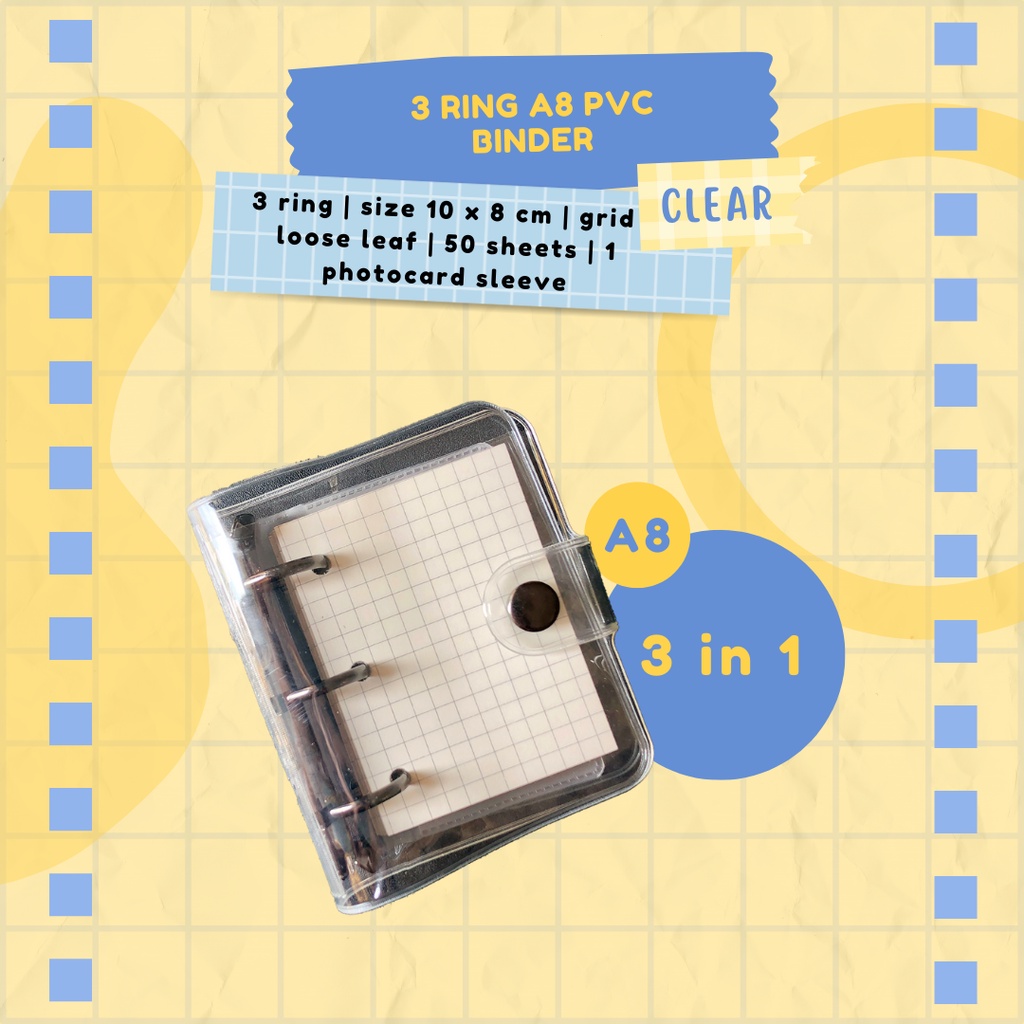 

A8 3 Ring PVC Binder | 10 x 8 cm & 50 lembar Grid Loose Leaf | binder unik travel diary notes catatan journal book cute bening