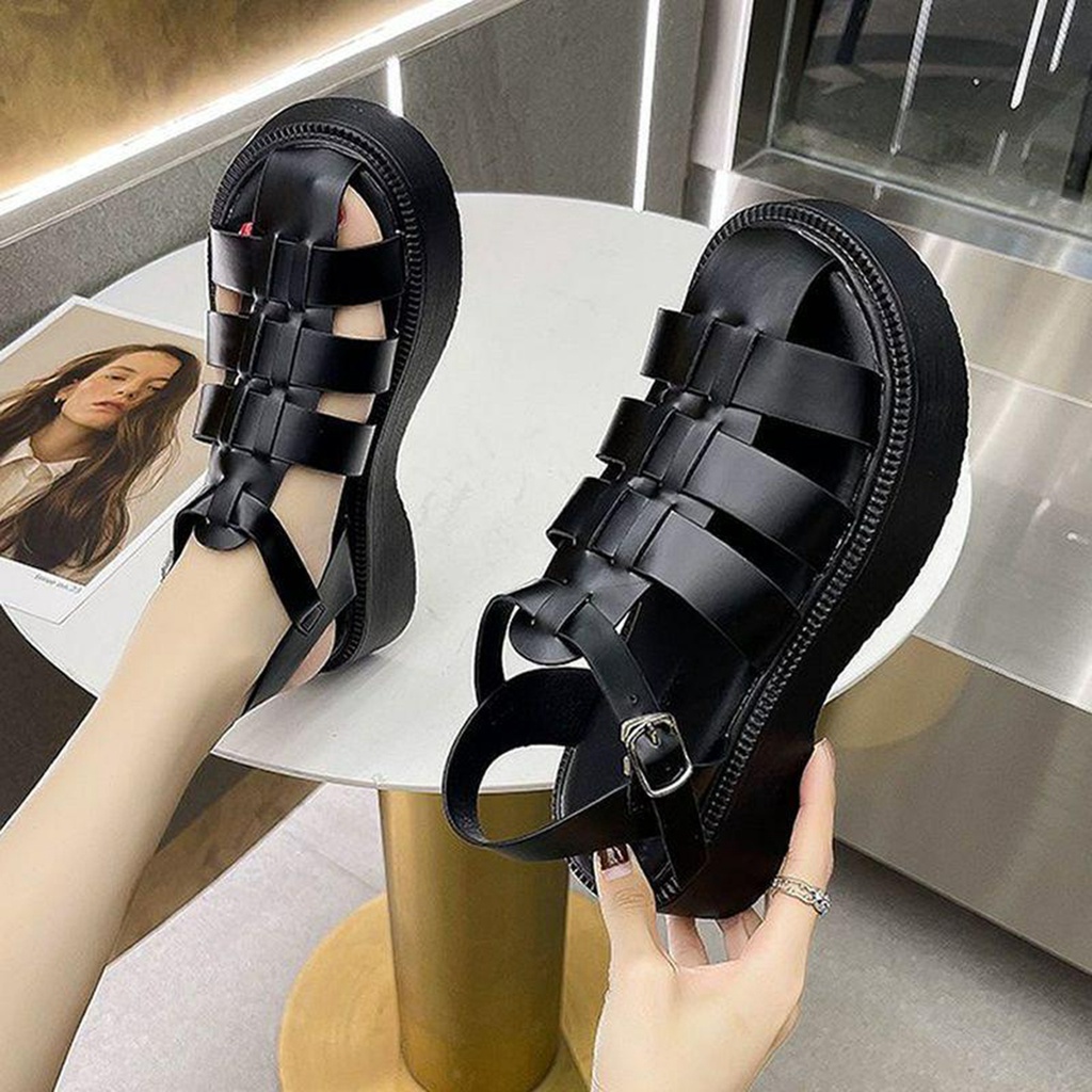 Sandal Tali Wanita Wedges Kekinian Sepatu Sandal Wanita Korean Style Strap Terbaru Full Hitam