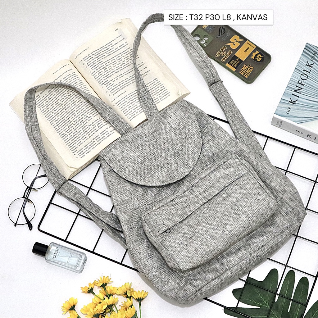 Bayar di Tempat COD Tas Ransel Serut Bahan Kanvas KANTONG Depan Ukuran Medium tas punggung wanita-Warna 693