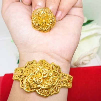 Terbaru Import Gelang Bangle mawar Allsize free cincin perhiasan lapis Emas 24k Pasangan Bestie Pernikahan Disesuaikan Ukuran