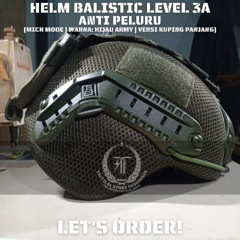 Helm Tactical Balistic / Helm Balistik Level 3 A Warna Hijau Army - Versi Kuping Panjang - Helm Tactical Baja Anti Peluru