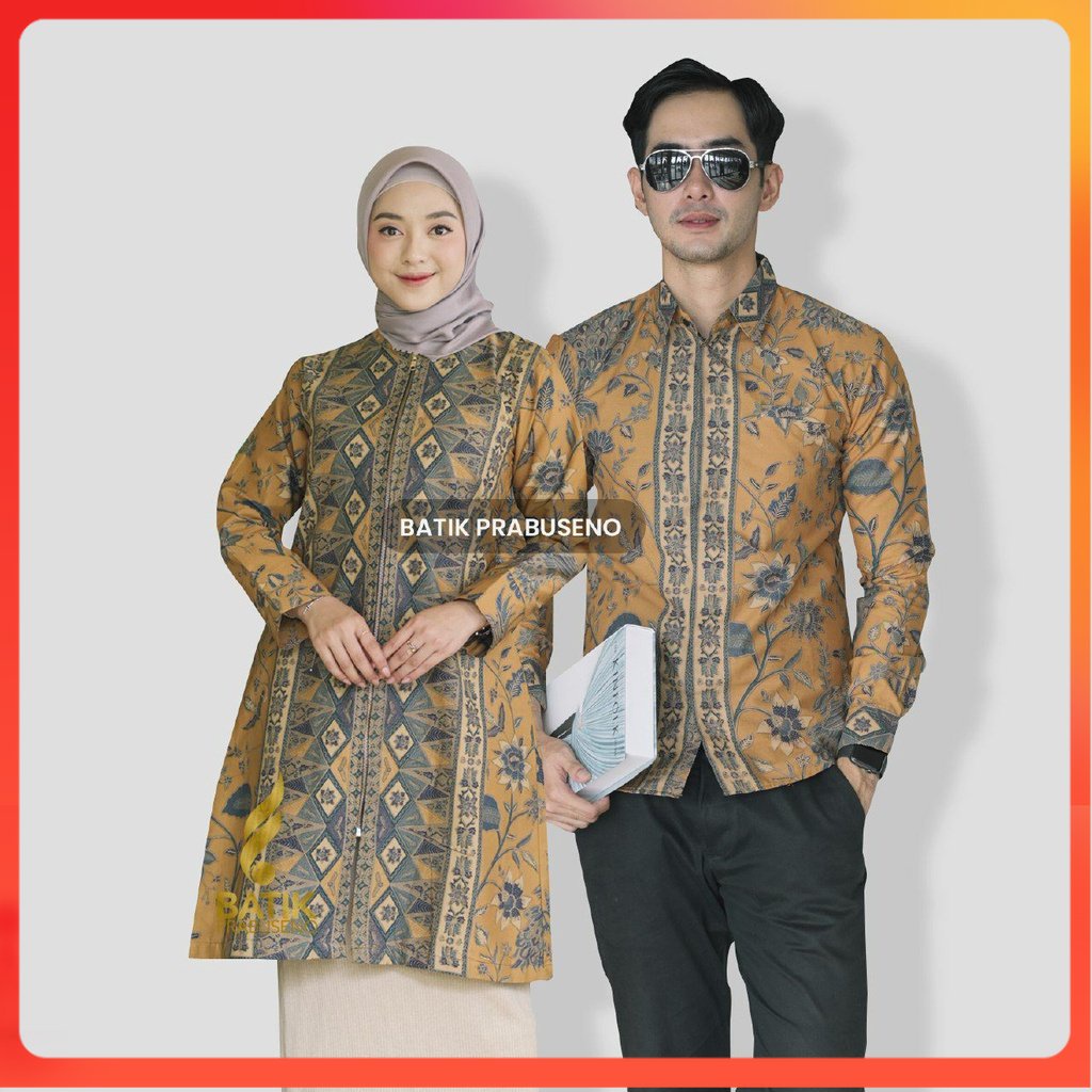 Batik WICAKSANA Couple Hem Baju Kemeja Batik Pria Wanita Lengan Panjang Slim Fit Original Prabuseno 