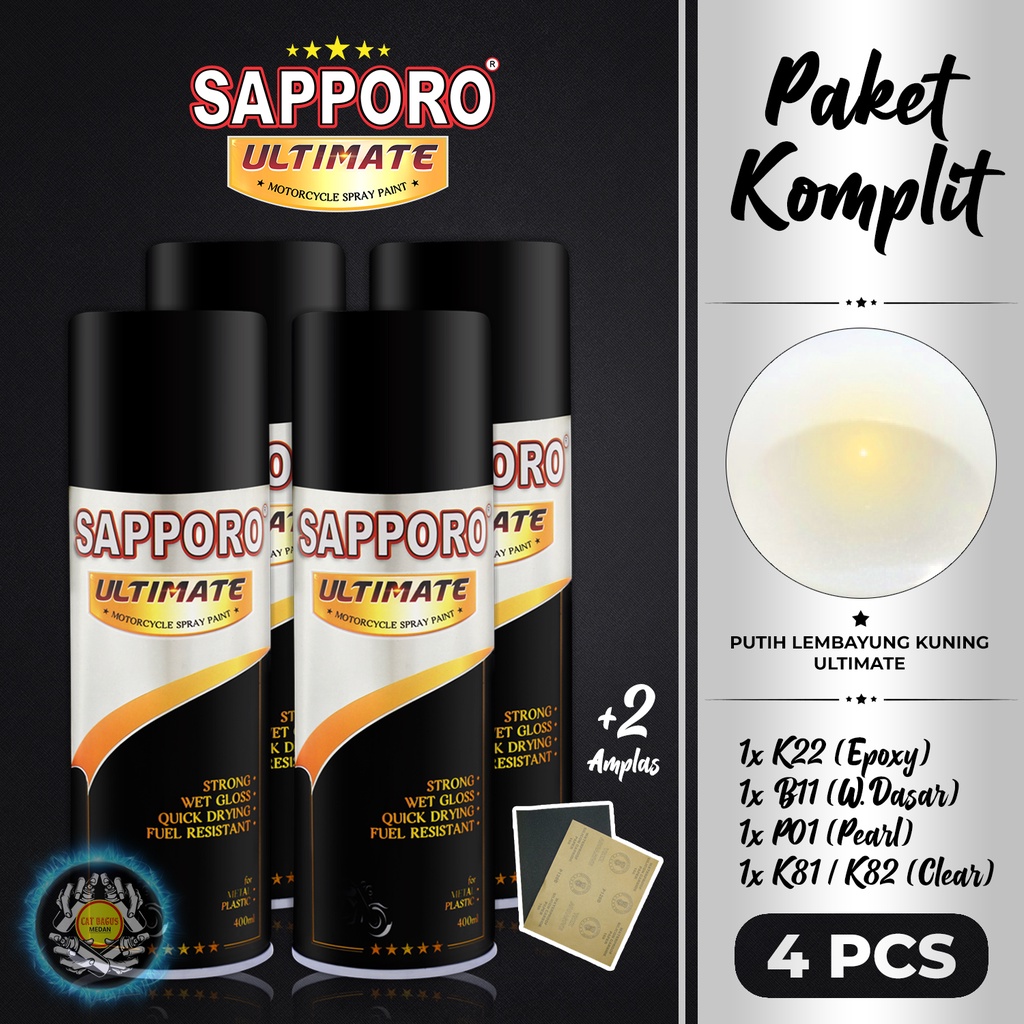PAKET KOMPLIT PUTIH LEMBAYUNG KUNING EMAS MUTIARA SAPPORO ULTIMATE P01 PEARL GOLD CAT SEMPROT 400 ML