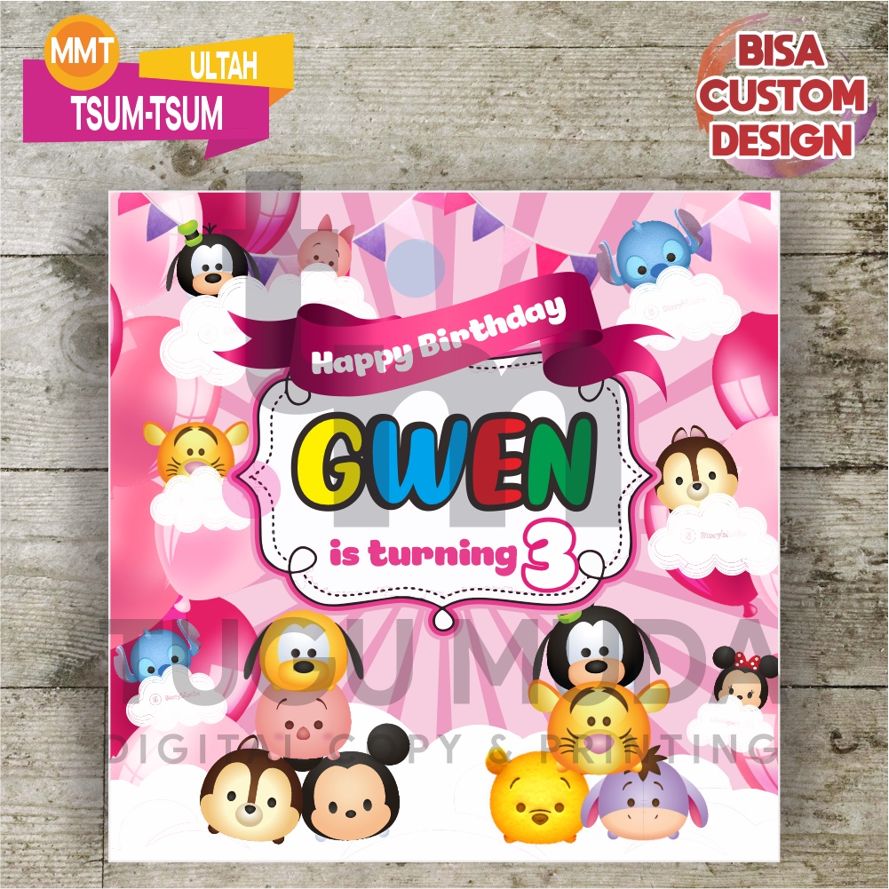 Cetak Banner|Backdrop|Spanduk Ultah / Ulang Tahun Anak - DISNEY TSUM TSUM PINK
