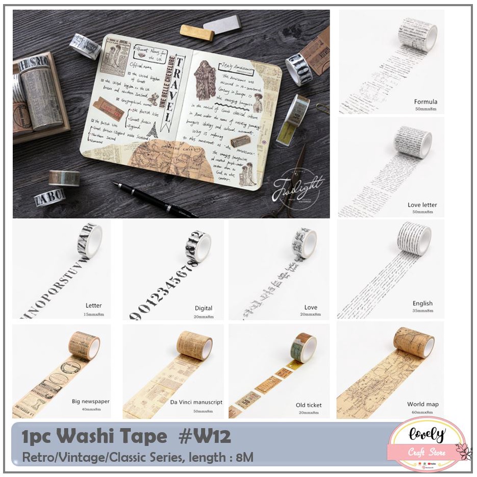 

LovelyCraftStore | W12 Washi Tape, Selotip Kertas, Selotip Jepang 1pc Retro Vintage Washi Tape, Art Deco Bullet Journal Decoration Tape Deco Sticker