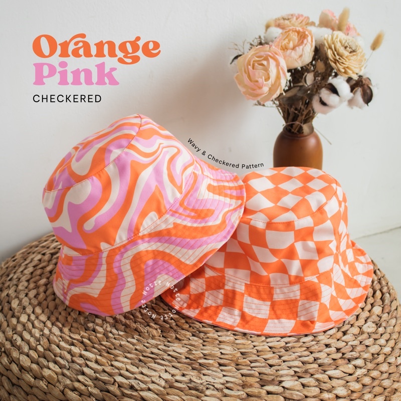 NOTTE - Reversible Bucket Hat Orange Pink Checkered