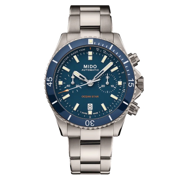 Jam Tangan Pria Mido Ocean Star Captain Chronograph M026.627.44.041.00, 44mm Biru Dial Titanium Strap