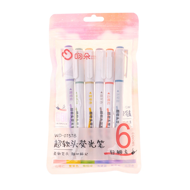 6pcs/pack Multicolor Soft Head Fluorescent Pen Student Key Point Marking Pen Alat Tulis Kantor Sekolah Supply