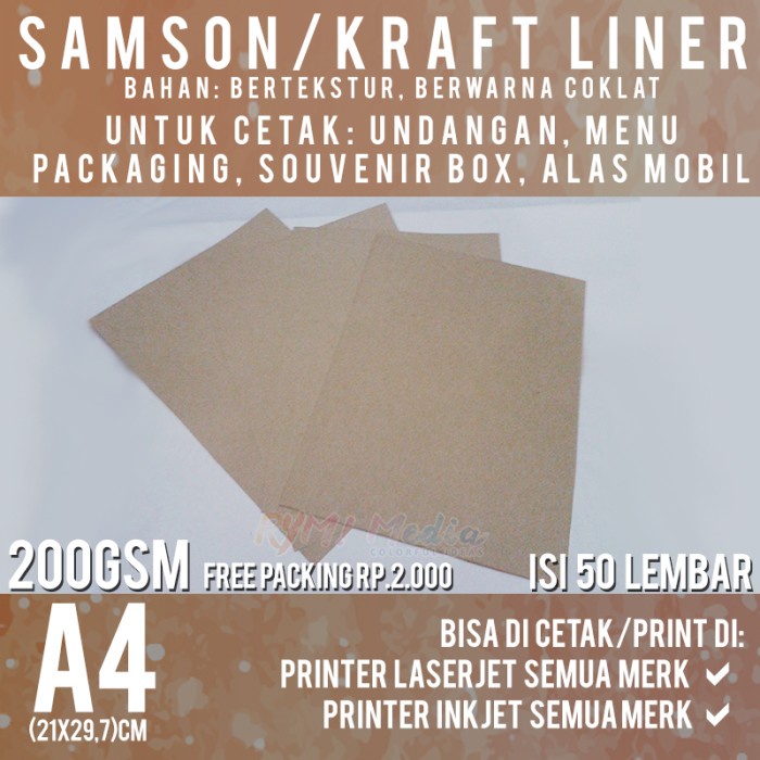 

Kertas Samson Kraft 200 Gsm A4 Isi 50 Lbr / Kertas Kraft Liner Tebal 200 Gram