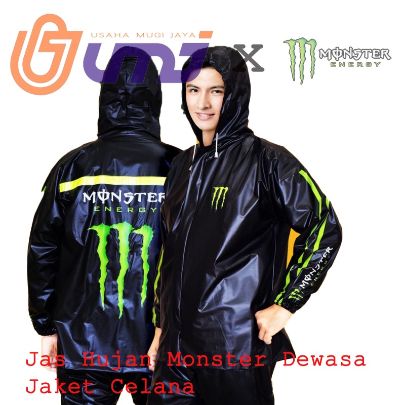 Monster Energy Raincoat Setelan Mantel Jas Hujan Jaket Celana Dewasa Polos Hitam