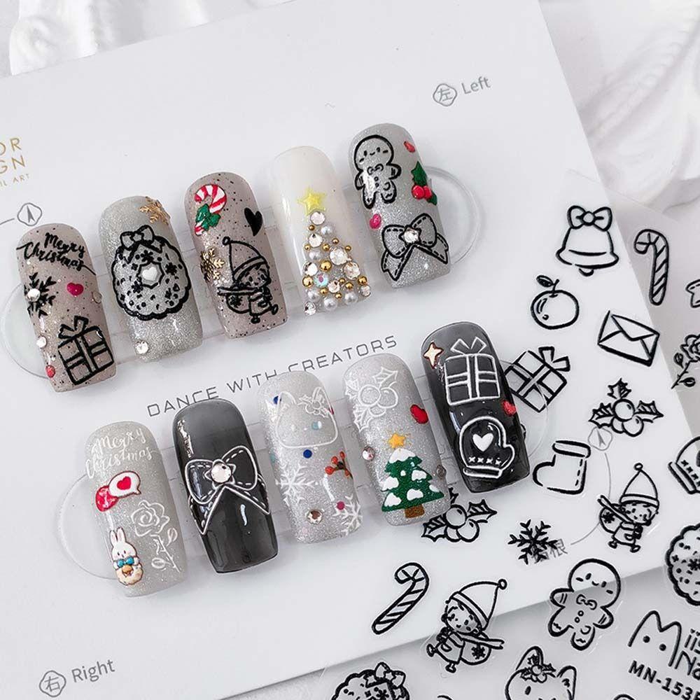 AUGUSTINA Agustina Natal Stiker Kuku Fashion Relief Manicure Aksesoris Santa Claus Self Adhesive Nail Art Dekorasi