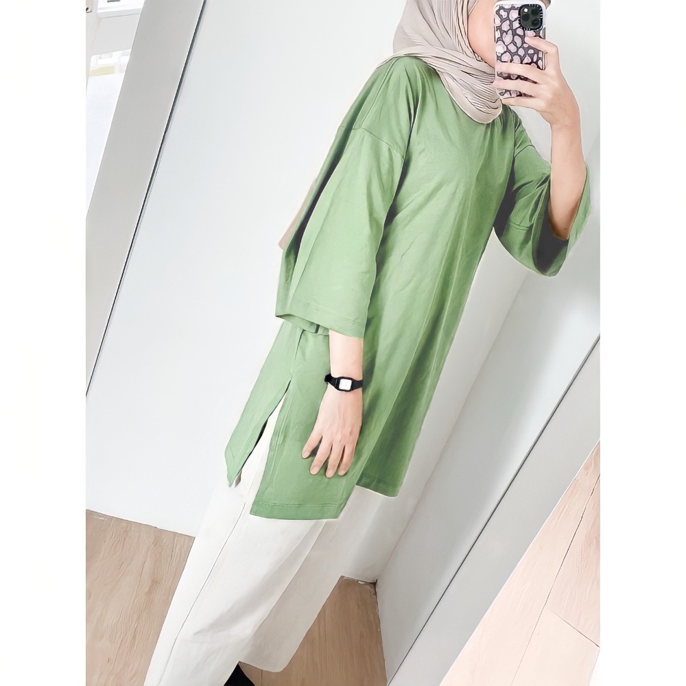 Atasan T shirt Basic oversize top kaos jumbo polos wanita hijab lengan 7/8