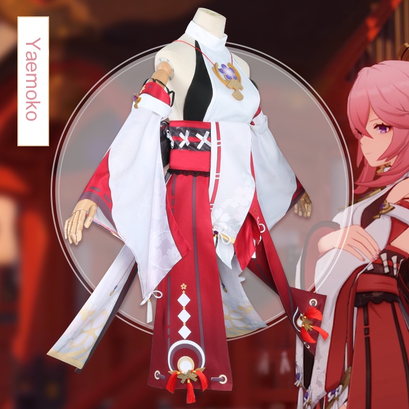 【Wetrose】Genshin Impact Yae Miko Cosplay Wanita Costume Kostum Full Set, Miko Wig