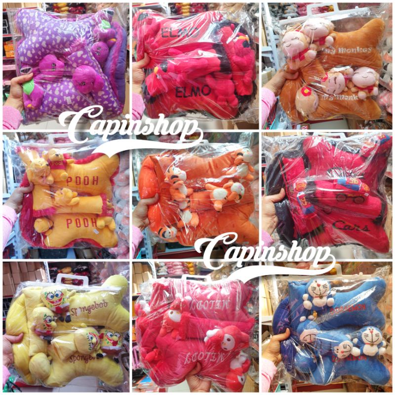 3IN1 TULANG BONEKA //Aksesoris Bantal Headrest Mobil Stitch cars keroppi spiderman barney panda