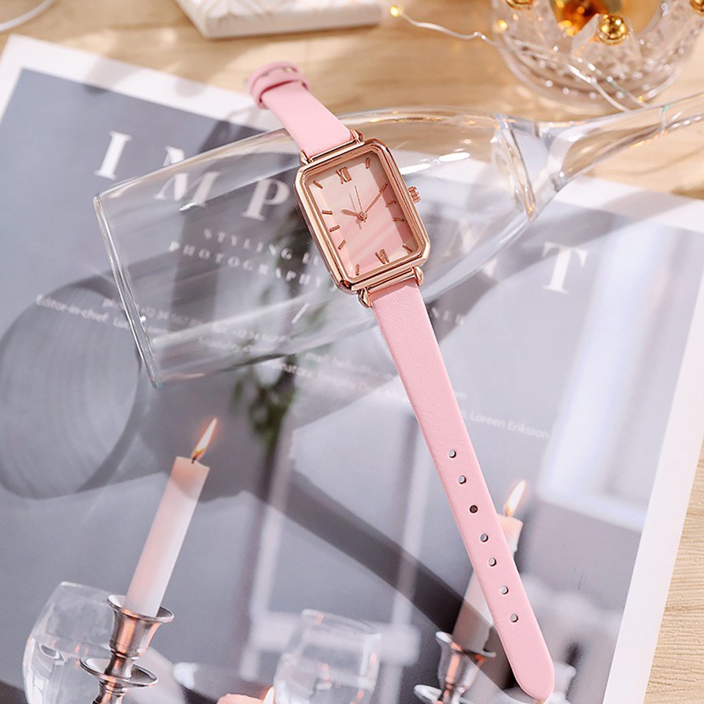 INFY - Jam Tangan Kecil Wanita Dial Kotak Gradasi Analog Quartz Strap Pu Leather Fashion Import JT054