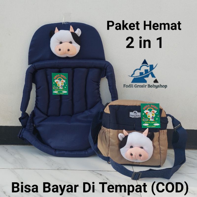 Paket Hemat (2 in 1) Gendongan Bayi Depan Duduk Topi Boneka Sapi Dan Tas Bayi Boneka Sapi