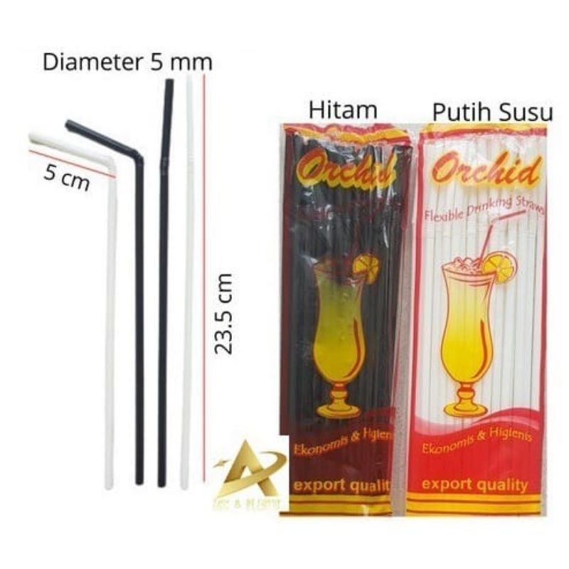 Sedotan Bengkok Orchid 5mm Ekonomis / Sedotan Flexible Putih Dan Hitam