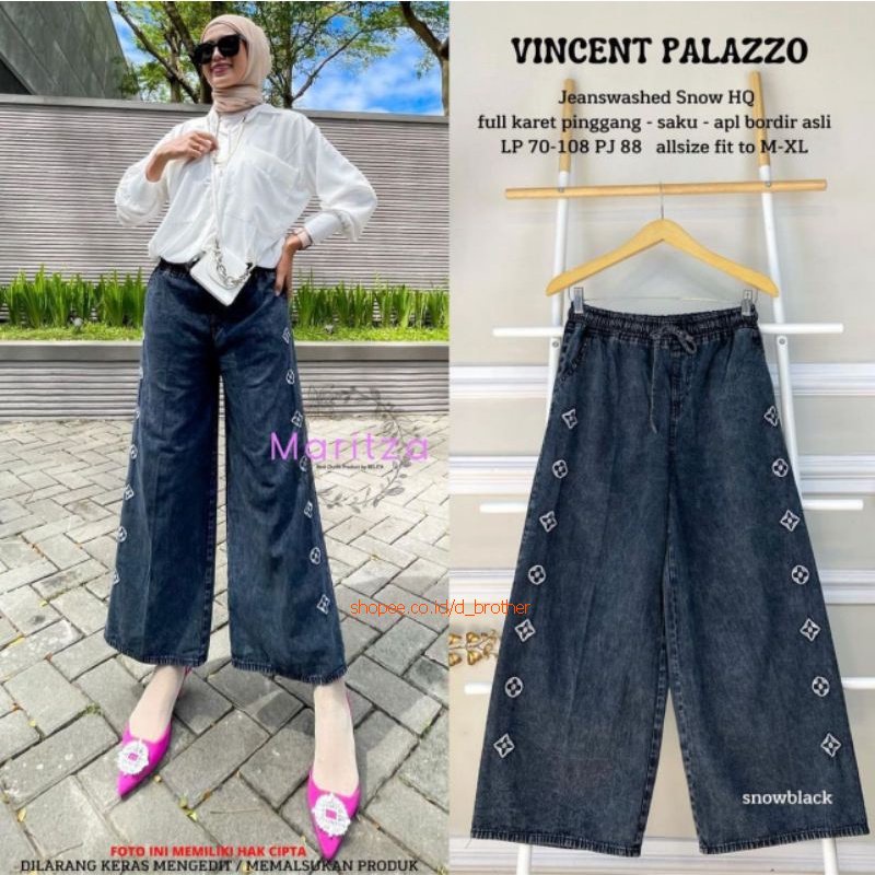 Kulot Jeans soft Bordir Alina Elve Karet Serut / Celana Panjang Model Nggantung