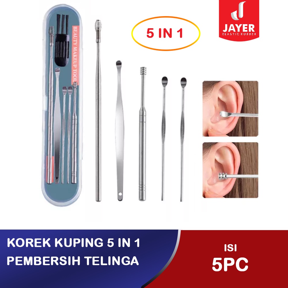 Pembersih Telinga KOREK KUPING Stainles 1 set 5 in 1 + Kotak