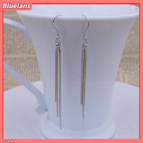 Bluelans Anting Kait Gantung Wanita Lapis Silver Hias Rumbai Slim Untuk Pernikahan