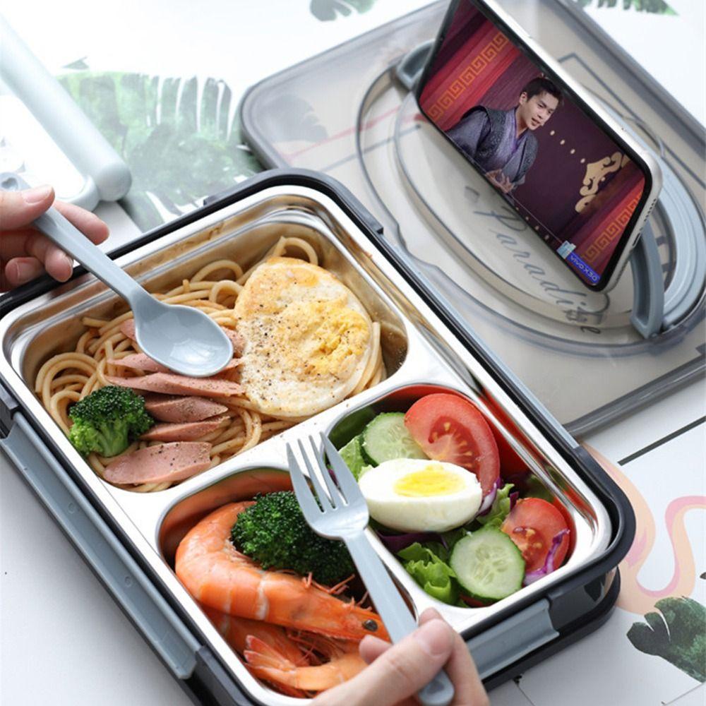 Preva Lunch Box Portable Piknik Camping Persegi Panjang Grid Untuk Anak Dengan Sendok Dengan Pegangan