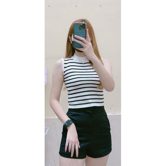 Tanktop Wanita - Atasan knit TURTLENECK - Korean Top Kerah Tinggi Salur