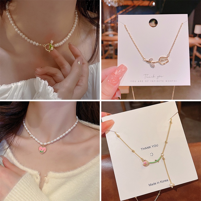 Kalung Dan Gelang Model Bunga Tulip Aksen Mutiara Rumbai Gaya Korea Untuk Wanita