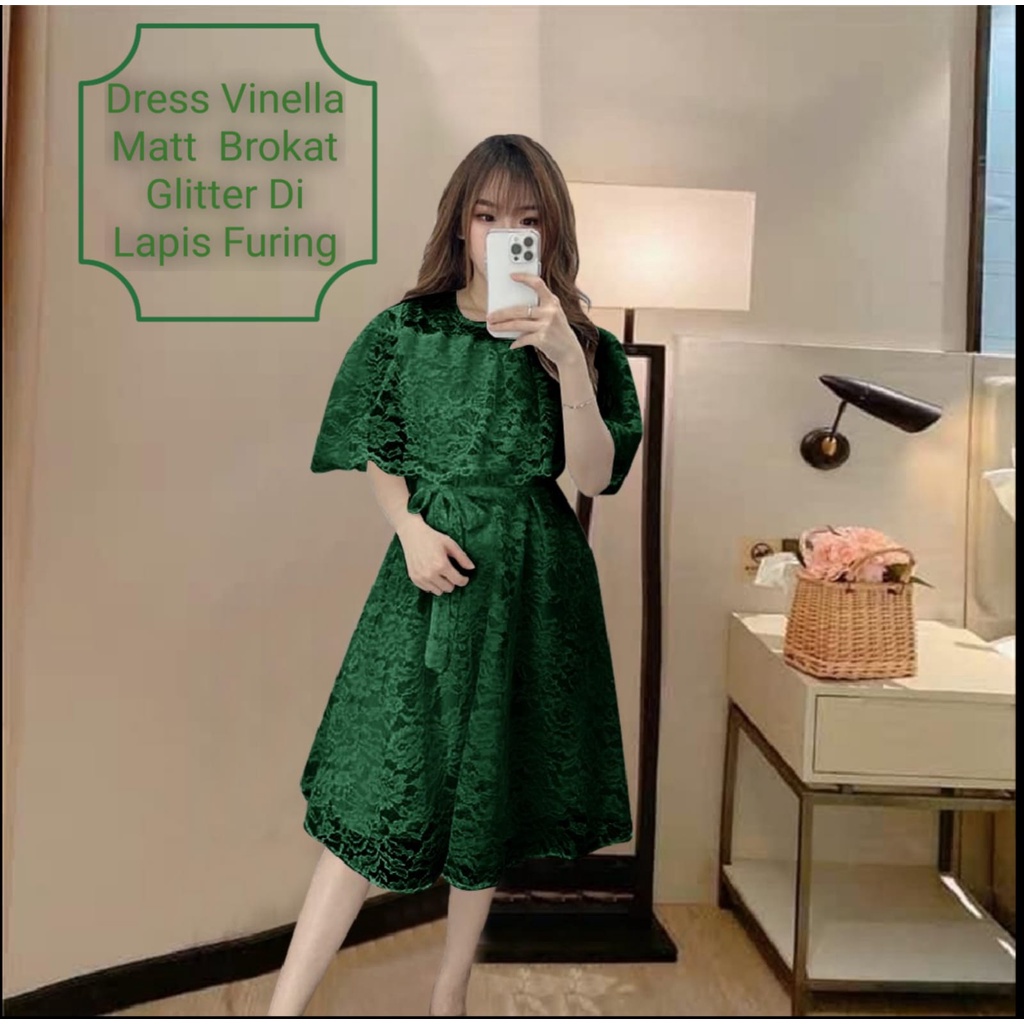 Dress Wanita Midi Kekinian Terbaru Kondangan/Pesta Matt Brokat Glitter Murah Berkualitas/Dress Vinella Size L-XL/Dress Natal Wanita Remaja Terbaru