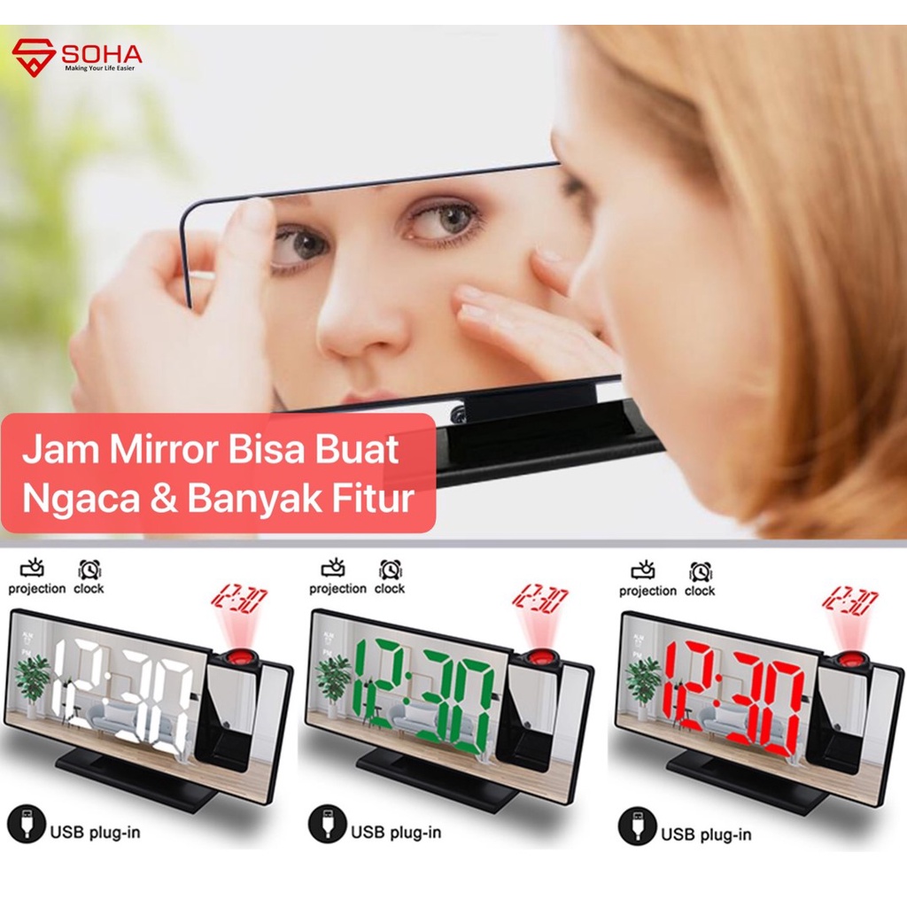 JD-08 Jam Digital Ada Proyektor Jam Mirror Dengan Layar LED Besar Fitur Snooze Ada Suhu Alarm &amp; Kalender Bisa jadikan Cermin