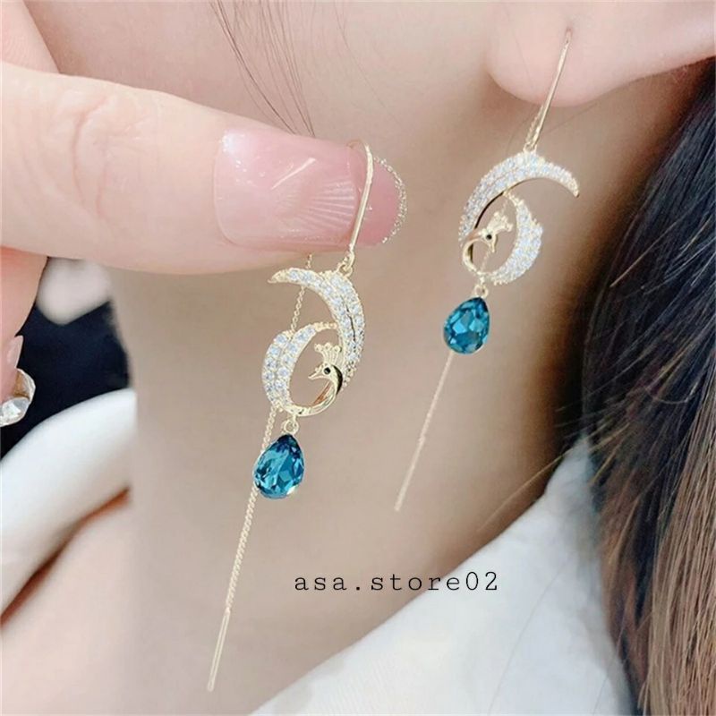 Anting Wanita Tusuk Gantung Motif Merak Berlian Biru