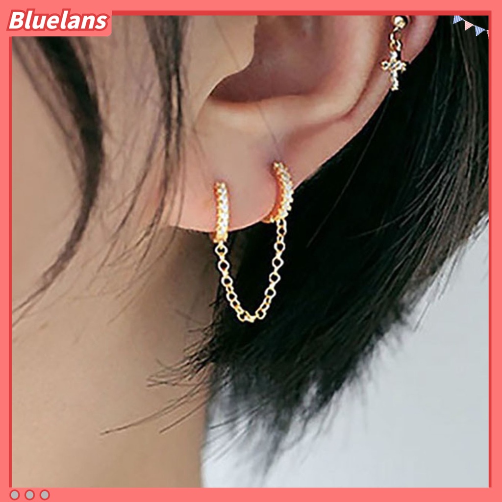 Bluelans 1 Pasang Anting Hoop Rumbai Rantai Cubic Zirconia Untuk Wanita