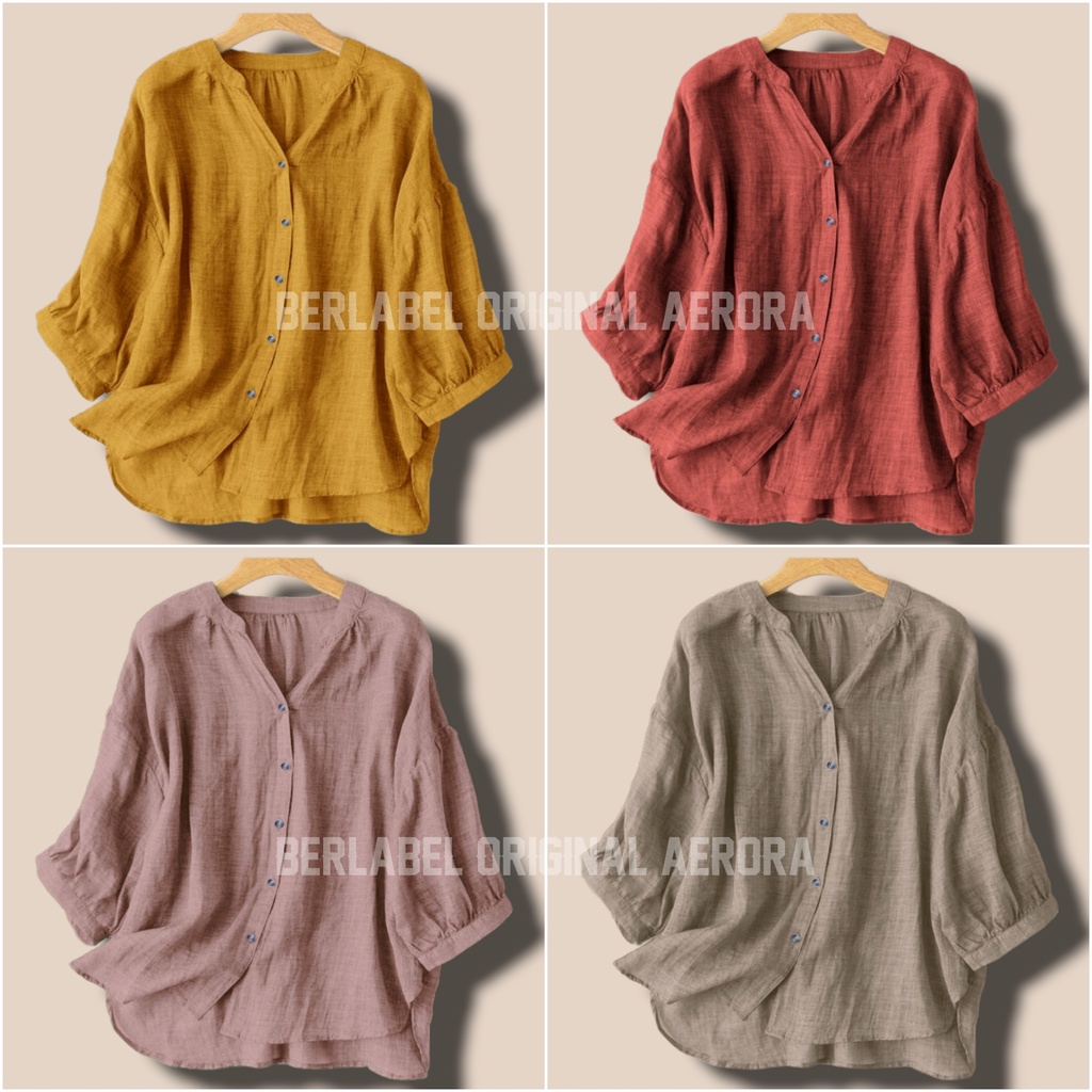 Nafisa Kemeja Blouse Linen Polos Jumbo Kerah Shanghai Oversize Shirt Wanita Basic Premium Korean Style Kekinian Ld 120 PJ 65 Allsize