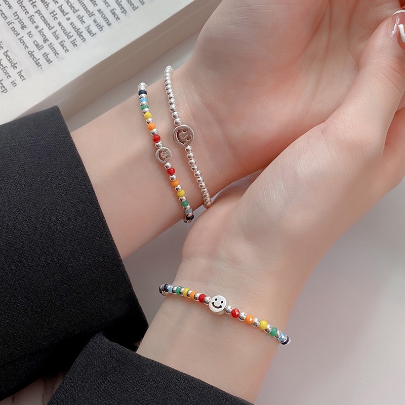 Roselife Gelang Tangan Elastis Handmade Desain Manik-Manik Smiley Face Warna Pelangi Untuk Wanita