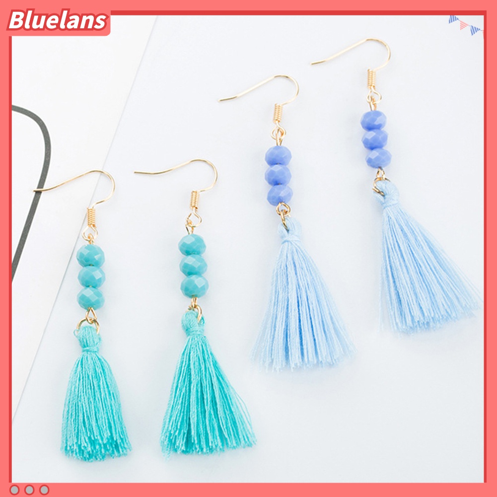 Anting Kait Gantung Panjang Manik-Manik Akrilik Aksen Rumbai Gaya Bohemian Untuk Wanita