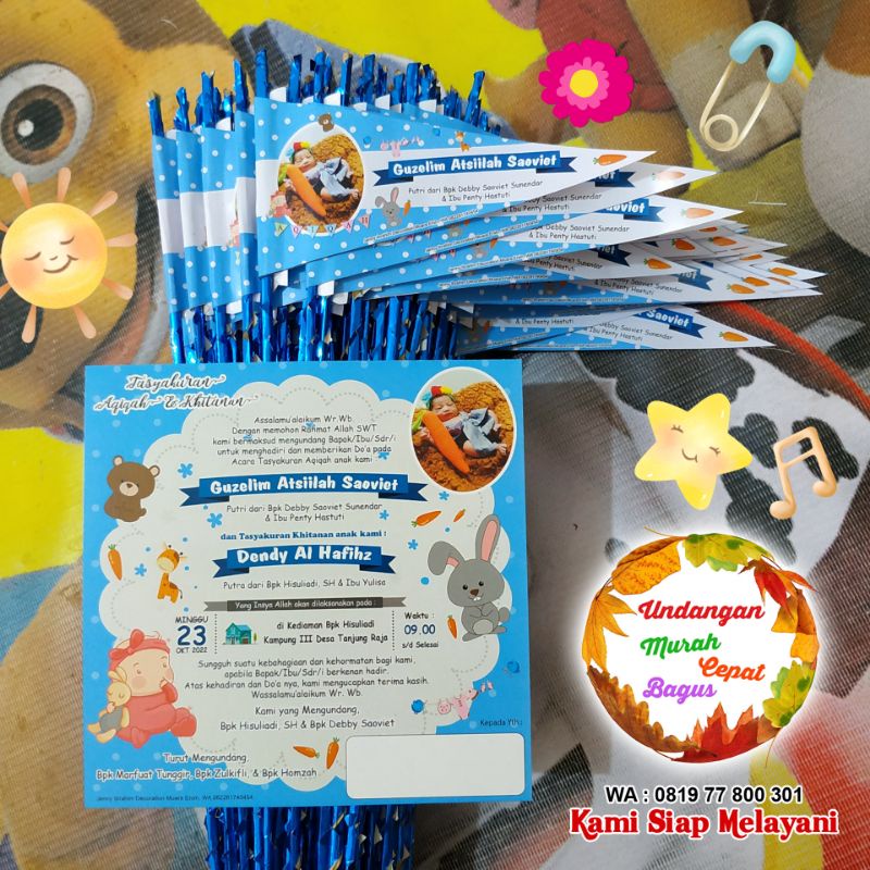 Undangan aqiqah khitanan 16x16cm plus bendera exclusive