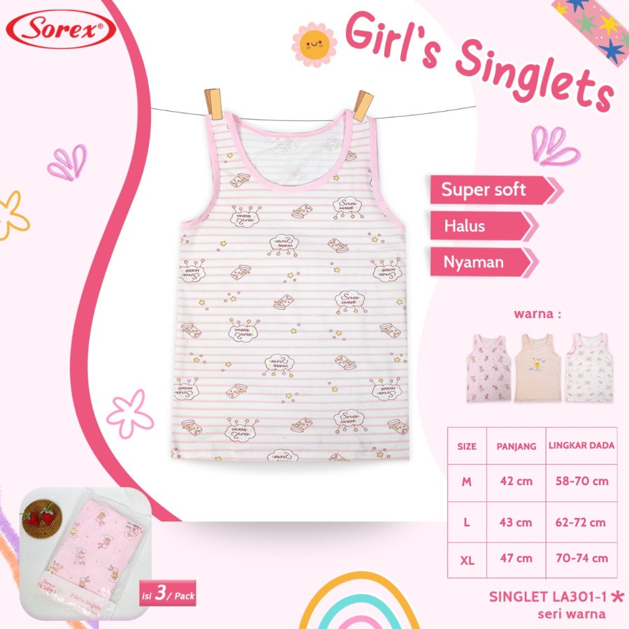 Sorex Singlet Anak Perempuan Girl Series - Kaos Dalam Anak Perempuan seri warna SK LA301-1 - 3 pcs