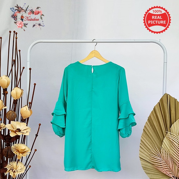 Tunik Wanita Lengan Panjang Model Tangan Karet Rempel Tumpuk Atasan Wanita Polos Aplikasi Tali Bulu Ayam Tunik Bahan Wollycrepe Warna Tosca Allsize