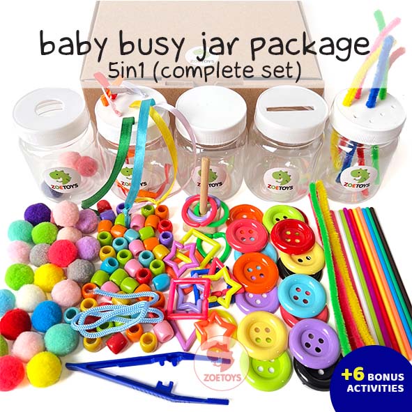 Montessori Baby Busy Jar Package | Pompom Button Push Ring Stick Stacking Sensory Ribbon Taggie Play Set Fine Motoric Play