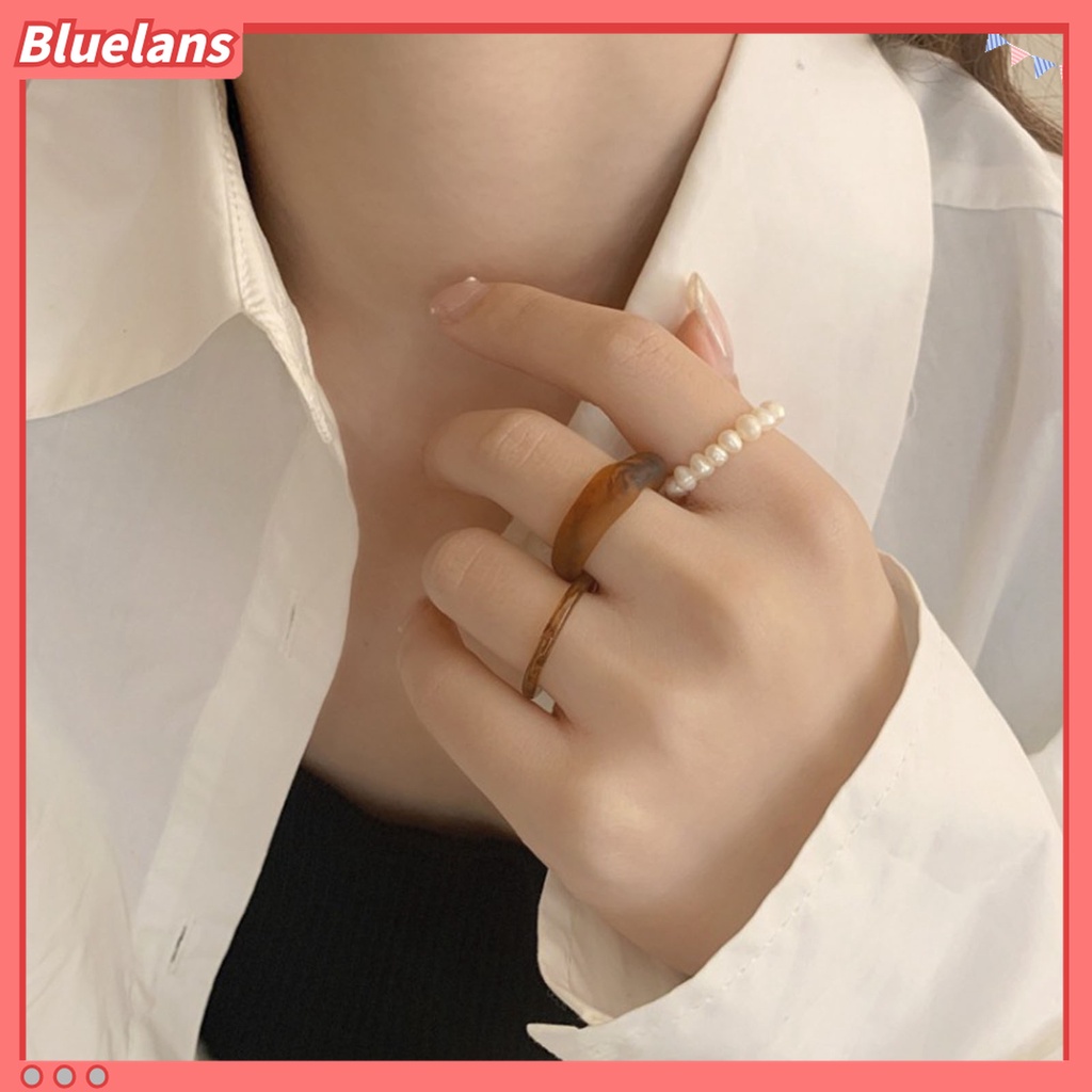 Bluelans 3Pcs / Set Cincin Jari Transparan Hias Mutiara Imitasi Gaya Simple Untuk Wanita