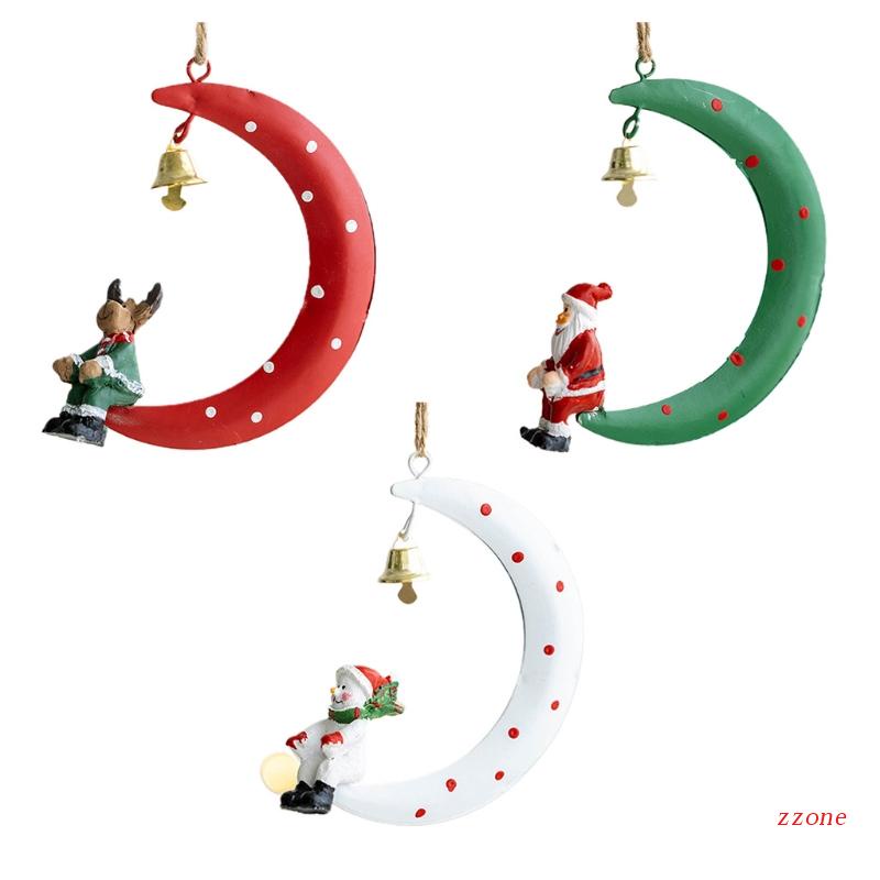 Ornamen Gantung Desain Kartun Santa Rusa Snowman Bulan Sabit Bahan Resin Dengan Jingle Bell Untuk Dekorasi Pohon Natal