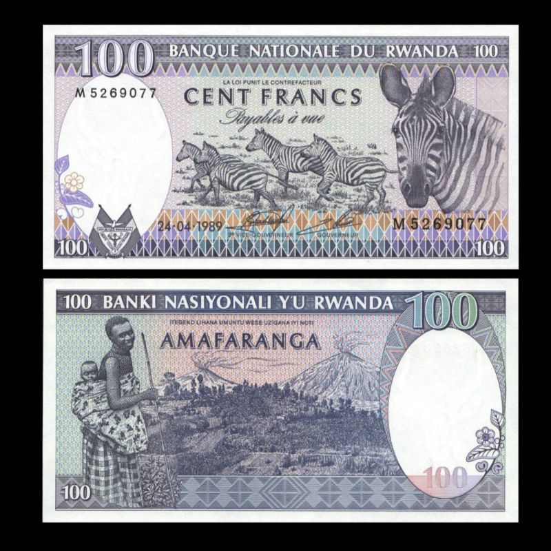 UANG RWANDA 100 FRANCS 1989 UNC GRESS ZEBRA AFRICAN BANKNOTE
