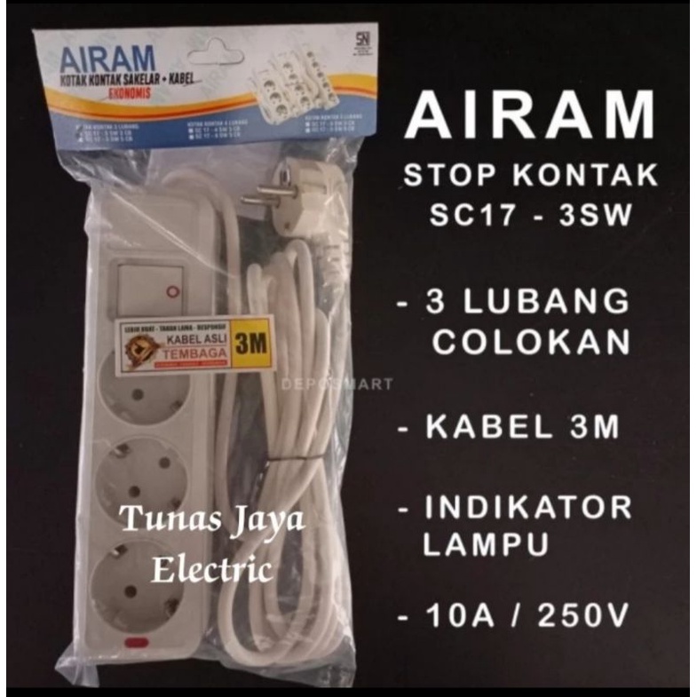 Stop Kontak Arde 3Lb + Kabel Tembaga 3 Meter AIRAM (Standar SNI)