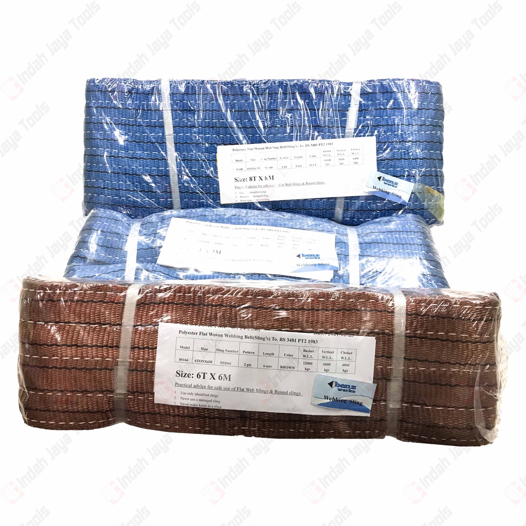 BENZ Webbing Sling Belt 6 8 TON Biru Coklat - Tali Angkat Double Ply