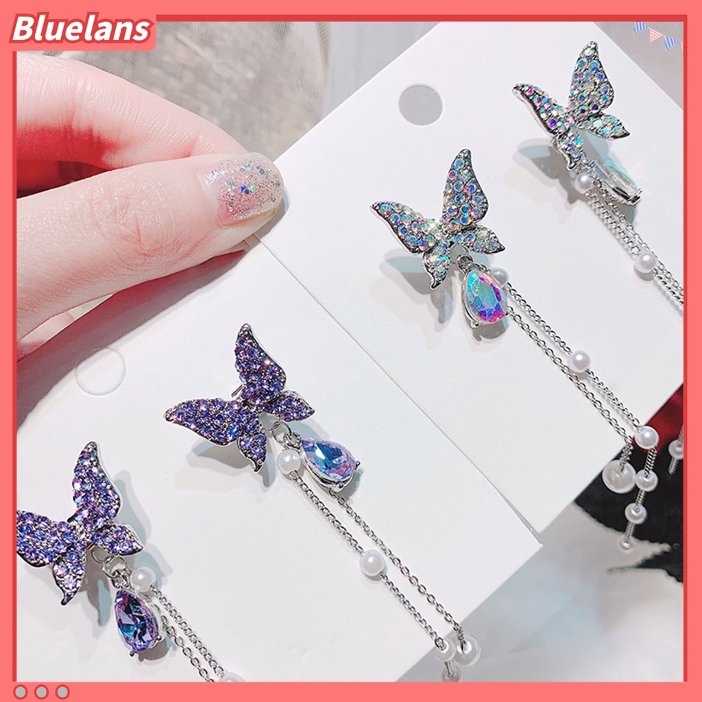 1 Pasang Anting Stud Rantai Rumbai Kupu-Kupu Mutiara Berlian Imitasi Kilau Untuk Wanita