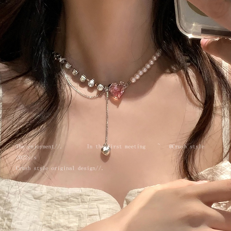 Kalung Choker Rantai Klavikula Hias Manik-Manik Mutiara Kristal Pink 2k Untuk Wanita