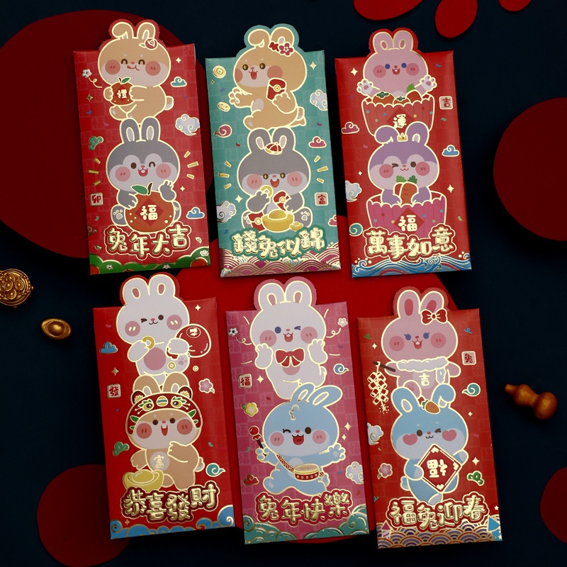 6pcs / set Amplop Angpao Motif Kartun Kelinci Warna Merah Untuk Tahun Baru Cina 2023