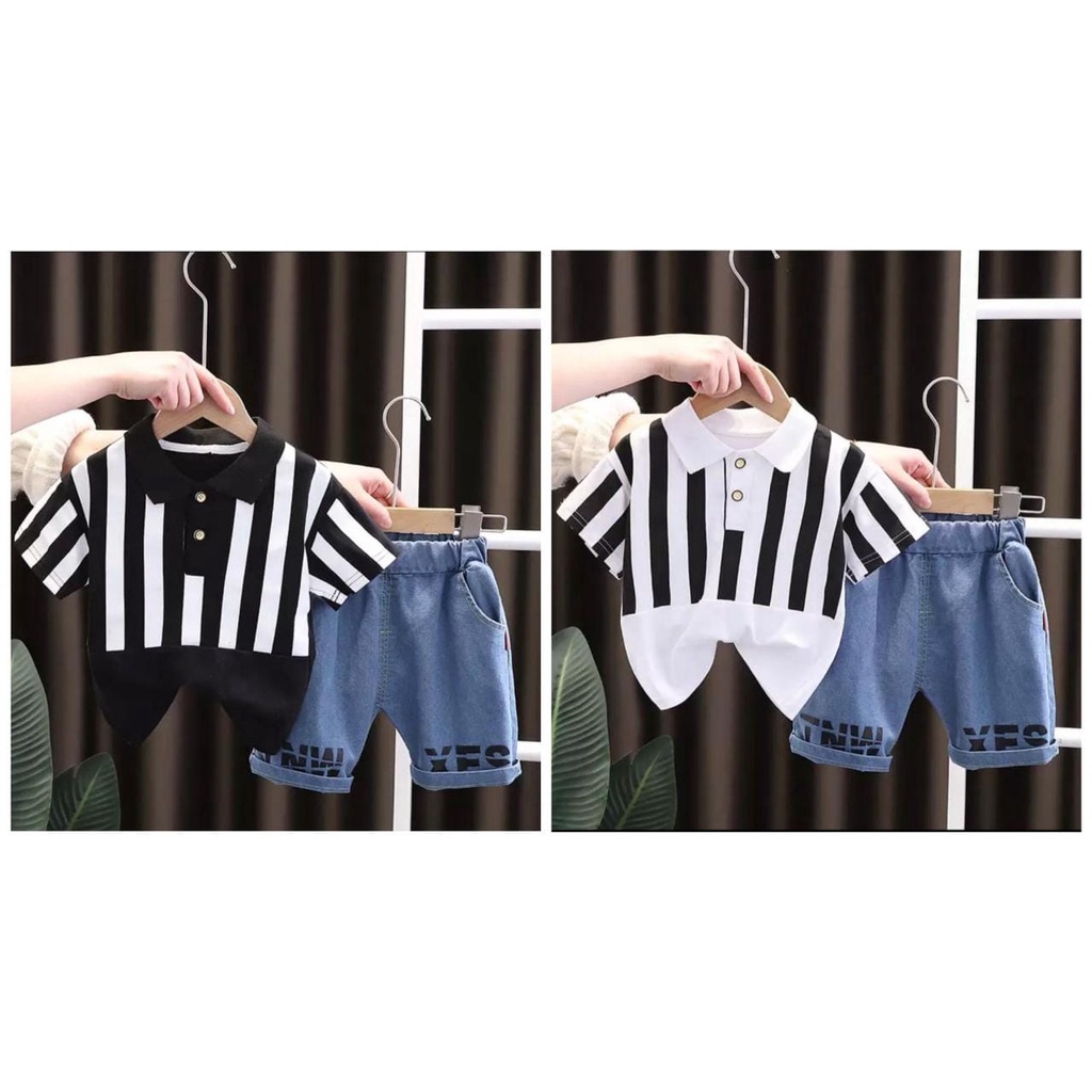 FREE ONGKIR - PROMO - SETELAN BAJU KEMEJA GARIS-GARIS ANAK MOTIF SALUR DENIM BISA DIPAKAI ANAK UMUR 6-10BLN 1-5THN LAKI-LAKI DAN PEREMPUAN - MODEL KEKINIAN BAHAN BAJU KATUN BERKERAH CELANA DENIM ADEM DAN COCOK SEKALI SAAT DIPAKAI ANAK-ANAK