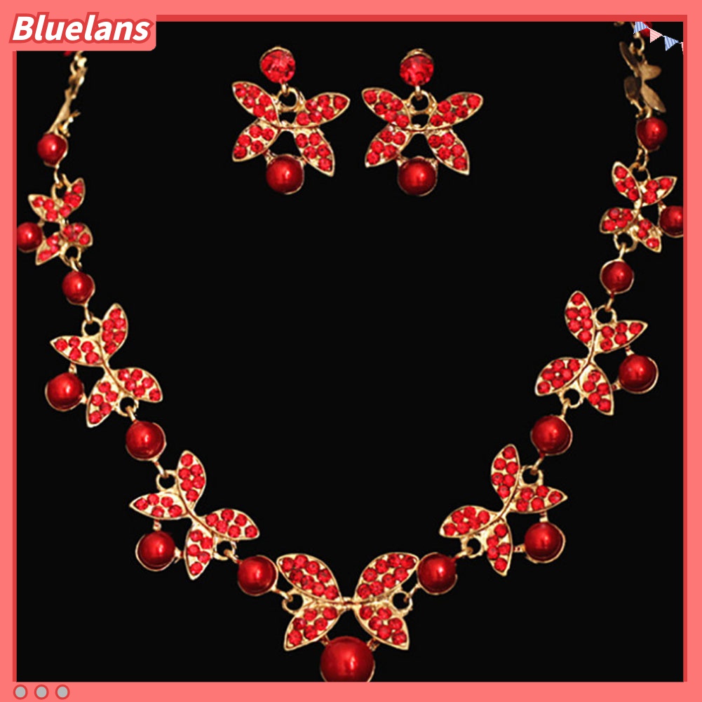 Set Perhiasan Kalung Anting Stud Rantai Mutiara Berlian Imitasi Untuk Pengantin Wanita