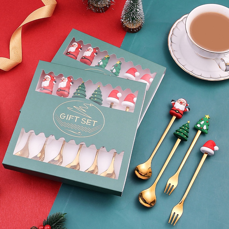 Set Sendok Garpu Dessert Kopi Desain Kartun Santa Claus Bintang Pohon Natal Bahan Stainless Steel Untuk Hadiah Anak