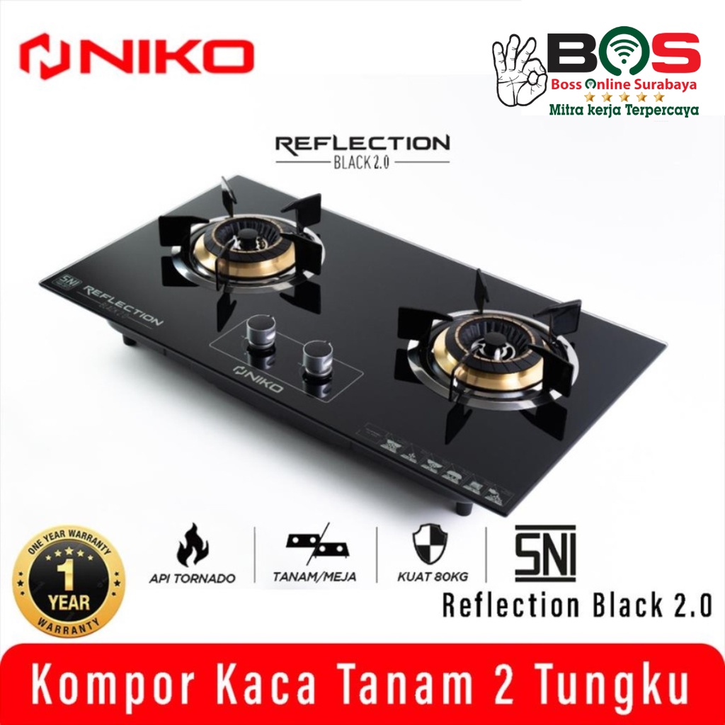 Niko Kompor Kaca 2 Tungku Kompor Tanam Niko Reflection Black 2.0 Kompor Gas Tanam